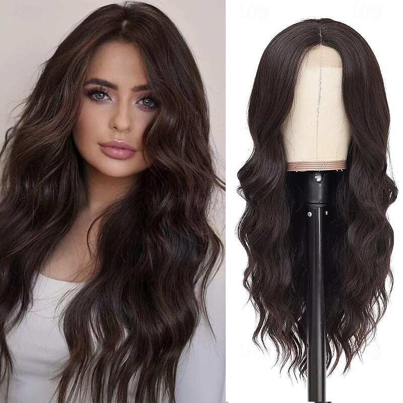 Long Brown Wavy Wig for Women 26 inch Curly Middle Part Wig Premium Protein Fiber Natural Looking Hair Replacement Wig for Daily Party Use Cosplay Costume Halloween Wig