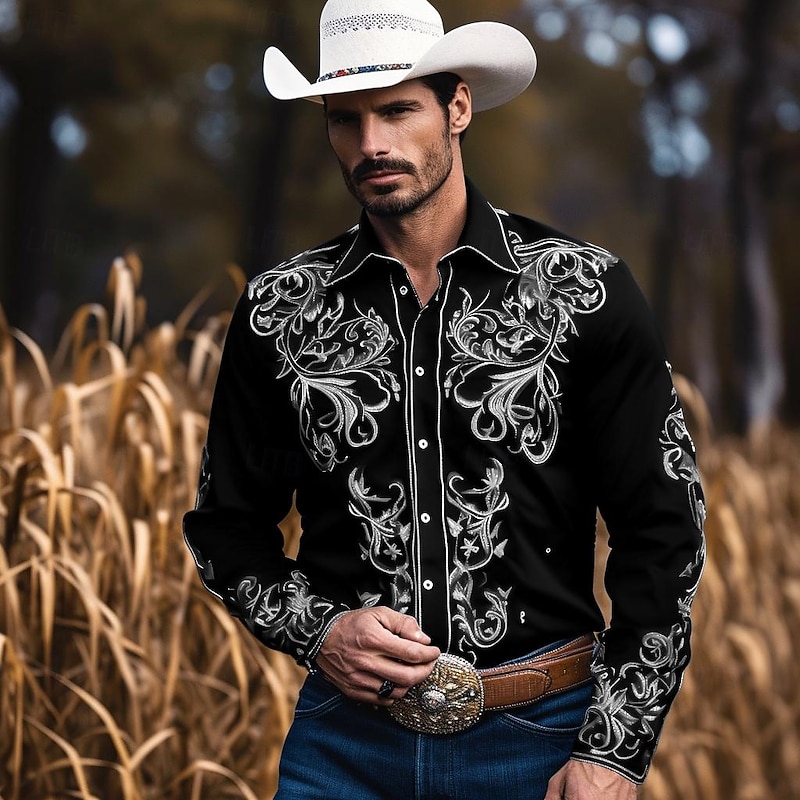 Men's Floral Graphic Prints Leaves Shirt Western Shirt Long Sleeve Shirt Turndown Outdoor Street Black Red Navy Blue Print Button-Down Clothing Apparel Fashion Streetwear Designer Western Style2