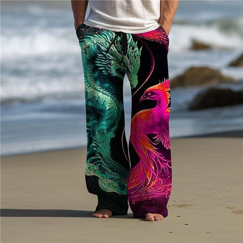 Dragon Phoenix Abstract Men's 3D Printed Casual Pants Trousers Elastic Waist Drawstring Loose Fit Straight-Leg Summer Beach Pants S TO 3XL3