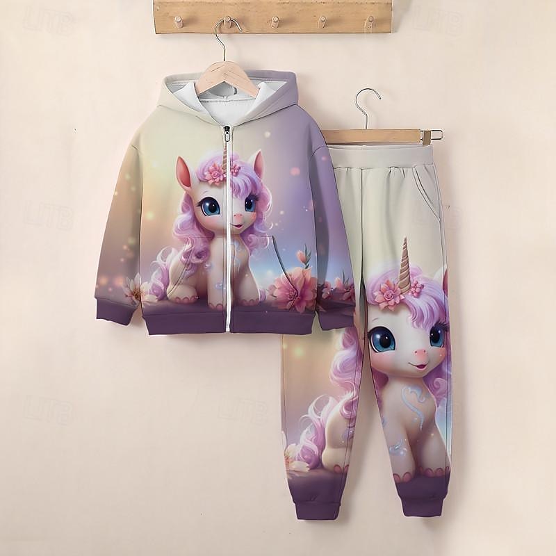 Girls' 3D Unicorn Hoodie & Sweatpants Set Long Sleeve 3D Printing Spring Fall Active Fashion Cute Polyester Kids 3-12 Years Zip Hooded Outdoor Street Regular Fit2