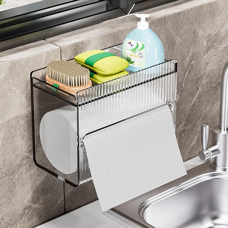1pcs Bathroom Tissue Storage Box Punch-free Toilet Paper Holder Wall Mounted Tissue Dispenser Container Bathroom Hanging Tissue Storage Rack Bathroom Accessories2