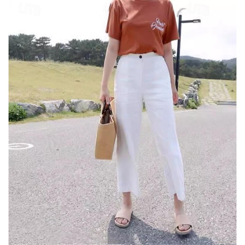 Women's Cotton Linen Pants Pants Trousers Fashion Ankle-Length Plain Side Pockets Breathability Comfortable Inelastic Casual Daily Black White Khaki Beige Spring &  Fall2