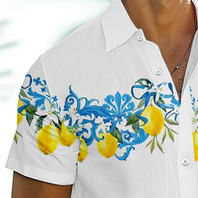 Men's Lemon Shirt Summer Hawaiian Shirt Aloha Shirt Short Sleeve Shirt Turndown Vacation Hawaiian Outdoor Vacation Hawaiian Yellow Blue Orange S M L3