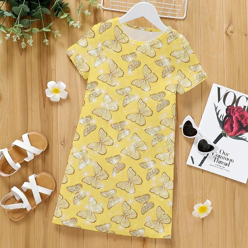 Girls' 3D Butterfly Pajamas Nightdress Pink Short Sleeve 3D Print Summer Active Fashion Cute Polyester Kids 3-12 Years Crew Neck Home Causal Indoor Regular Fit4