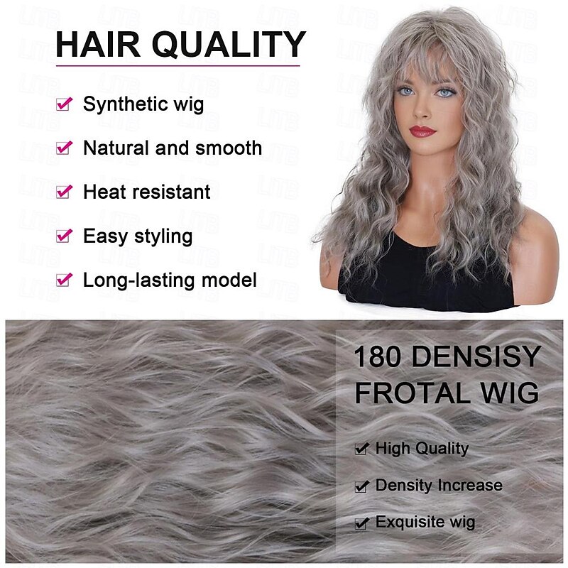 Grey Wigs with Bangs Long Curly Synthetic Wigs for Women Daily Cosplay Party4