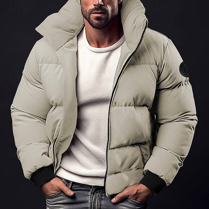 Men's Winter Coat Winter Jacket Puffer Jacket Zipper Pocket Polyster Pocket Office & Career Date Casual Daily Regular Keep Warm Thermal Warm Windproof Outdoor Winter Solid / Plain Color Black Red2