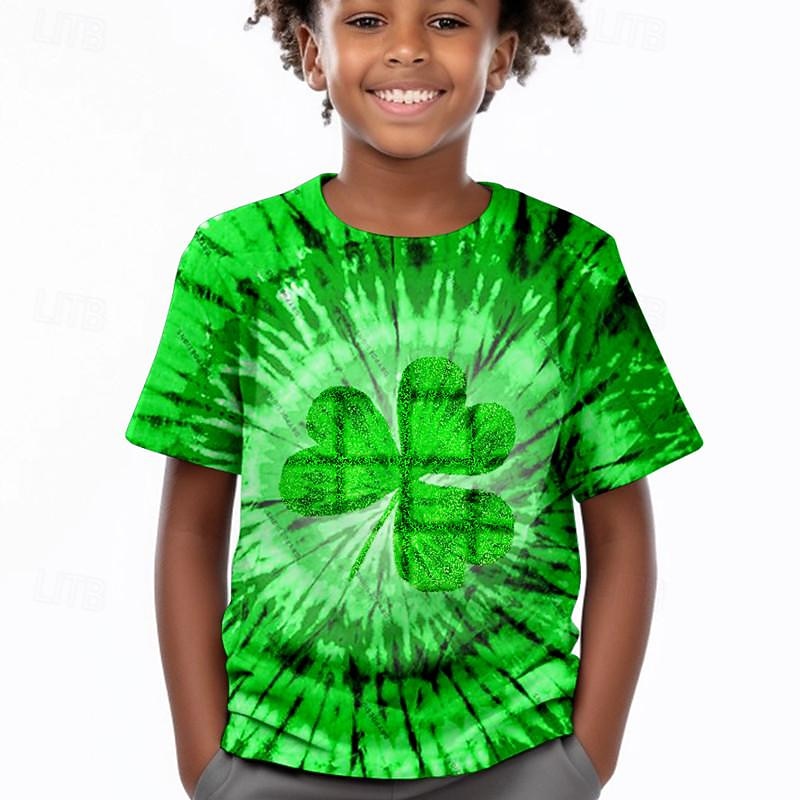 St. Patrick Boys 3D Tie Dye Four Leaf Clover Tee Shirt Short Sleeve 3D Print Summer Active Sports Fashion Polyester Kids 3-12 Years Crew Neck Outdoor Casual Daily Regular Fit3