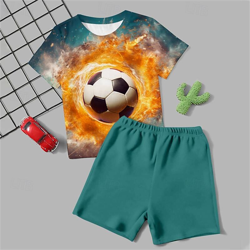 Boys 3D Football Tee & Pants Pajama Sets Short Sleeve 3D Print Summer Active Fashion Daily Kids 3-12 Years Crew Neck Home Causal Indoor Regular Fit4