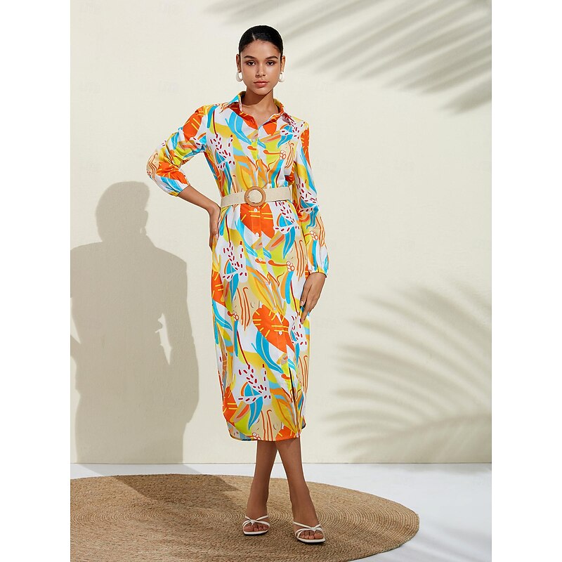 Floral Print V Neck Midi Shirt Dress