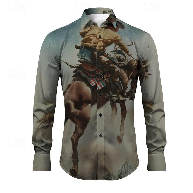 Kentucky Derby Men's Cowboy Shirt Western Shirt Cowboy Shirt Long Sleeve Vintage Western Style Outdoor Street Casual Daily Fall & Winter Turndown Buttons Print Blue Orange khaki Gray3