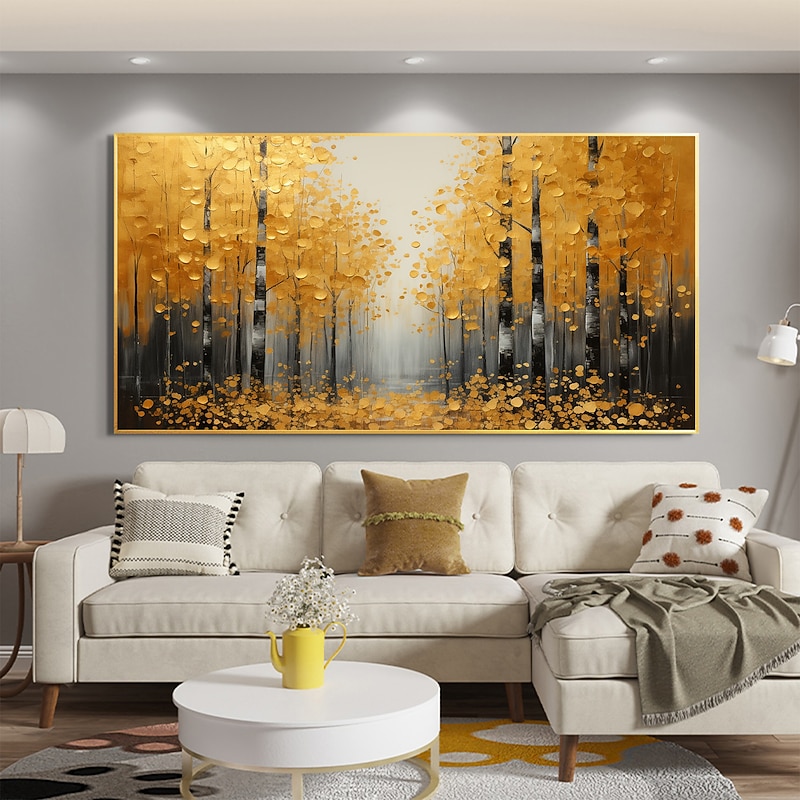 Handmade Original Forest Oil Painting On Canvas Wall Art Decor Abstract Yellow Tree Landscape Painting for Home Decor With Stretched Frame/Without Inner Frame Painting