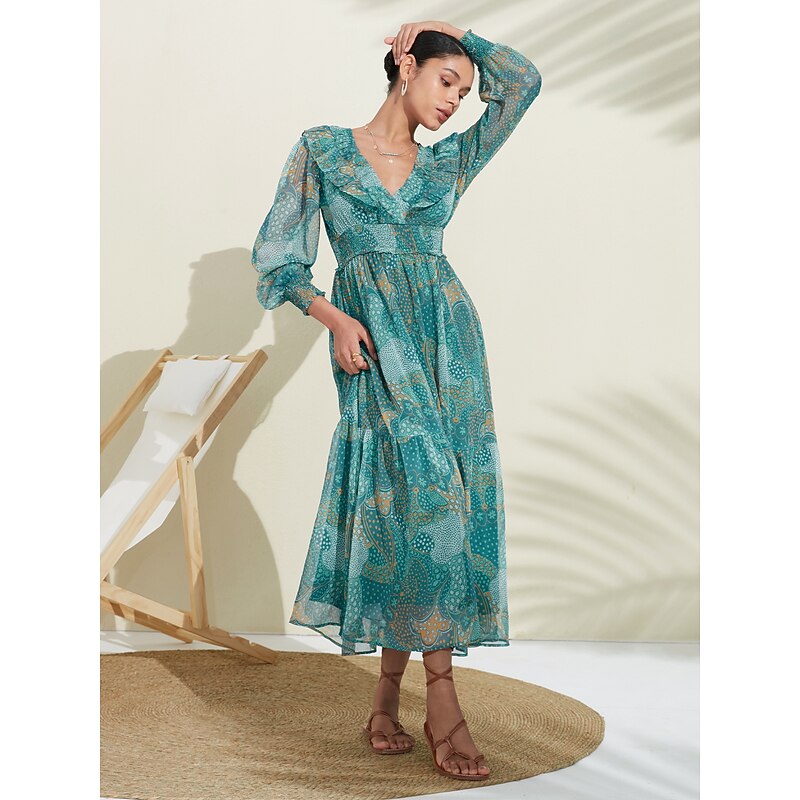 Women's Green Long Sleeve Lines / Waves Round Dots Polka dot print V Neck Puff Sleeve Elastic Waist Spring & Summer Spring and Summer Vacation Dress Elegant Dress Flying Dress Vacation Date Beach S M