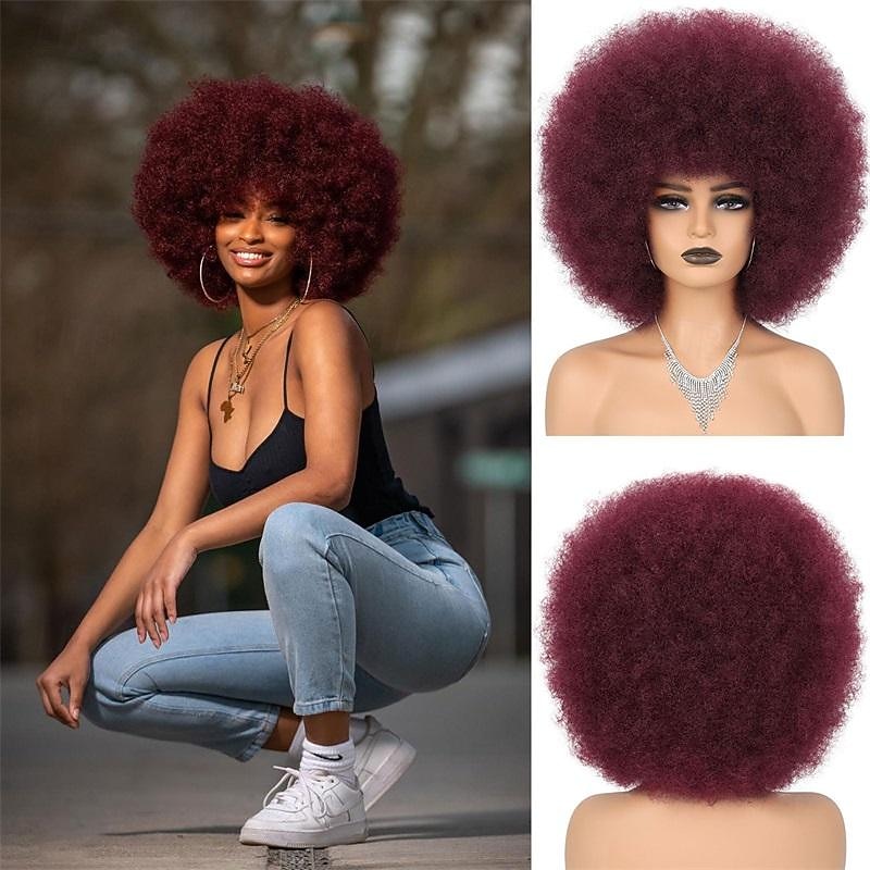 Hair Red Afro Wigs for Black Women Glueless Wear and Go Wig 10 Inch Curly Afro Wigs Burgundy Synthetic Puff Wigs for Daily Party Cosplay Costume Hallowee Use Halloween Wigs