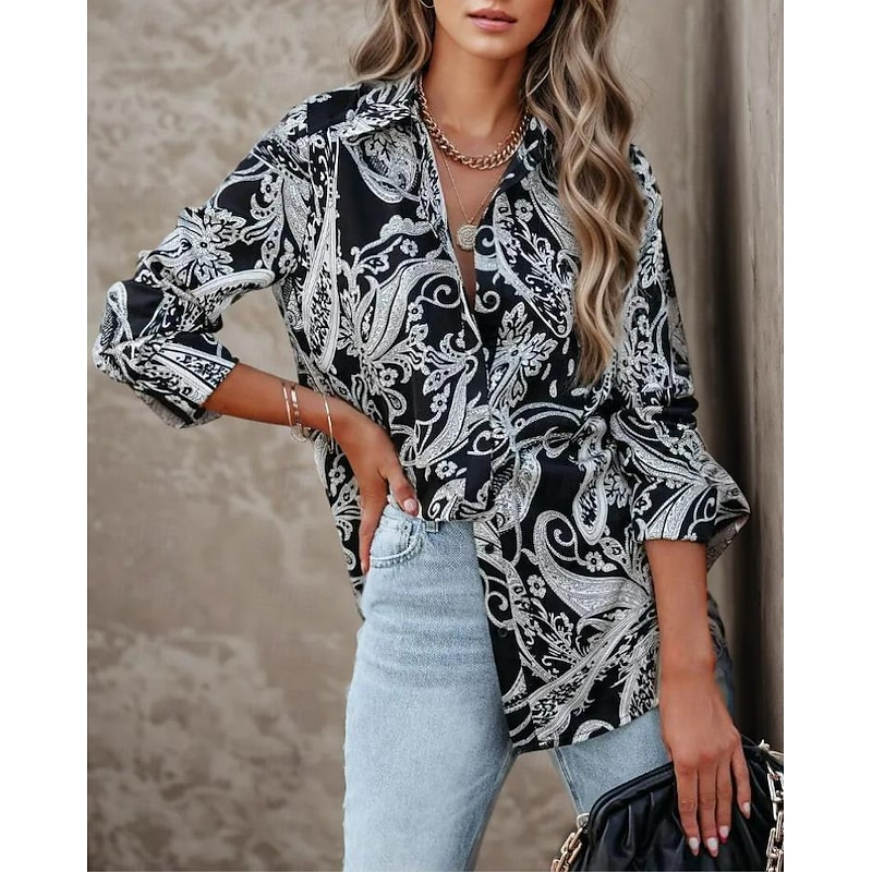 Women's Shirt Long Sleeve Button Down Blouse Fashion Paisley Buttons Print Regular Tops Shirt Collar Casual Black Spring &  Fall