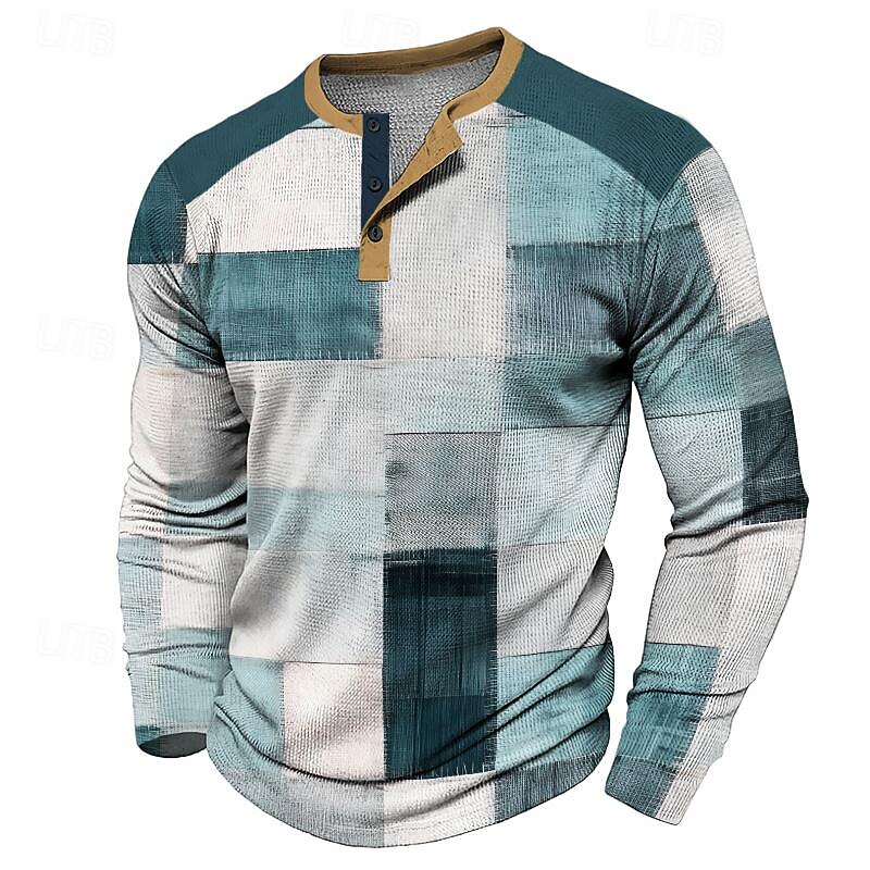 Plaid Men's Fashion Casual 3D Printed Waffle Henley T Shirt Sports Outdoor Holiday Festival T shirt Blue Brown Dark Blue Long Sleeve Henley Shirt Spring &  Fall Clothing4
