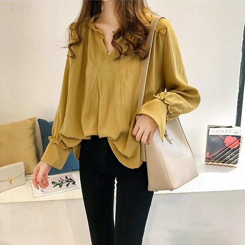 Shirt Cotton Linen Shirts Linen Shirt Button Up Women's Yellow Navy Blue Beige Solid Color Sexy Street Daily Fashion V Neck Cotton Linen Regular Fit M4