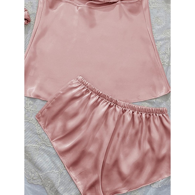 Women's Pajamas Sets 3 Pieces Pure Color Fashion Lovers Comfort Home Daily Bed Satin Silk Breathable Straps Sleeveless Strap Top Shorts Backless Elastic Waist Summer Spring Home Outfits3