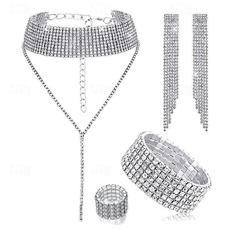 Bride's  Full Diamond Claw Chain Tassel Bracelet Earrings Neckchain Three piece Set Jewely Sets2