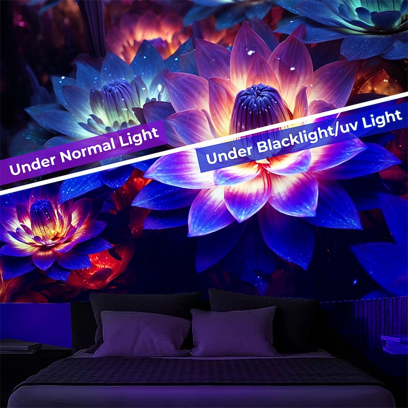 Blacklight Tapestry UV Reactive Glow in the Dark Glow Party Neon Lotus Flower Nature Psychedelic Trippy Misty Hanging Tapestry Wall Art Mural for Living3
