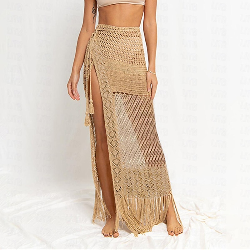 Women's Swimwear Skirt Fashion Beach Wear Casual Maxi High Waist Skirts Solid Colored Cut Out Crochet Vacation Beach Khaki Summer Spandex