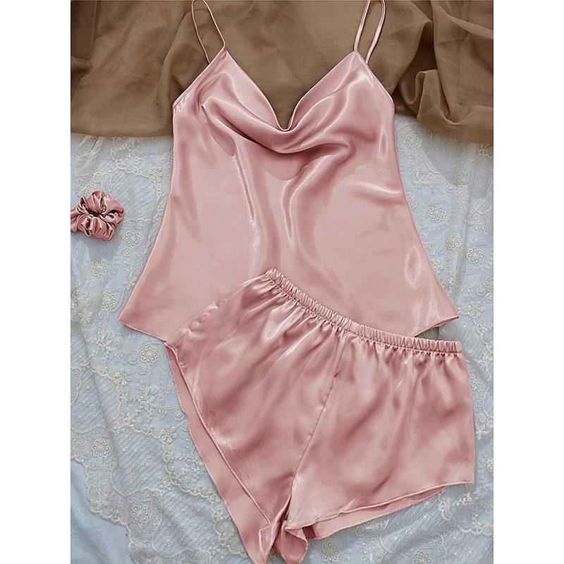 Women's Pajamas Sets 3 Pieces Pure Color Fashion Lovers Comfort Home Daily Bed Satin Silk Breathable Straps Sleeveless Strap Top Shorts Backless Elastic Waist Summer Spring Home Outfits2