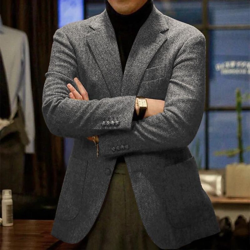 Men's Blazer Jacket Notch Collar Classic Thick Warm Solid Colored Brown Dark Grey Coffee Tailored Fit Single Breasted Two-buttons2