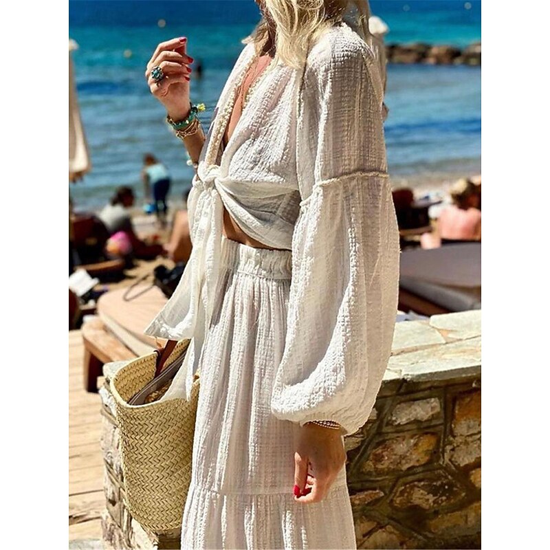 Women's Dress Set White Dress Swing Dress Boho Plain Lace up Ruffle Long Dress Maxi Dress Long Sleeve V Neck Vacation Beach White Summer Spring Regular Fit4