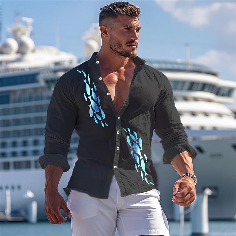 Men's Waves Seascape Pattern Summer Hawaiian Shirt Aloha Shirt Printed Shirts Long Sleeve Shirt Turndown Hawaiian Resort Vacation Going out Beach Black White Blue S M L4