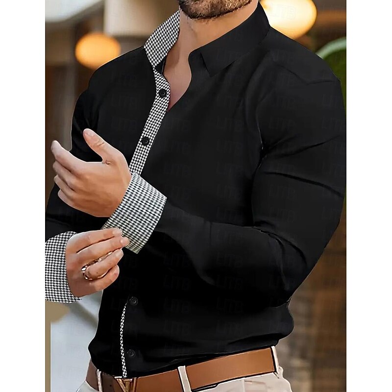 Men's Shirt Summer Shirt Dress Shirt Button Up Shirt Casual Shirt Black White Blue Long Sleeve Color Block Houndstooth Lapel Daily Vacation Front Pocket Clothing Apparel Cotton Cotton Blend Fashion