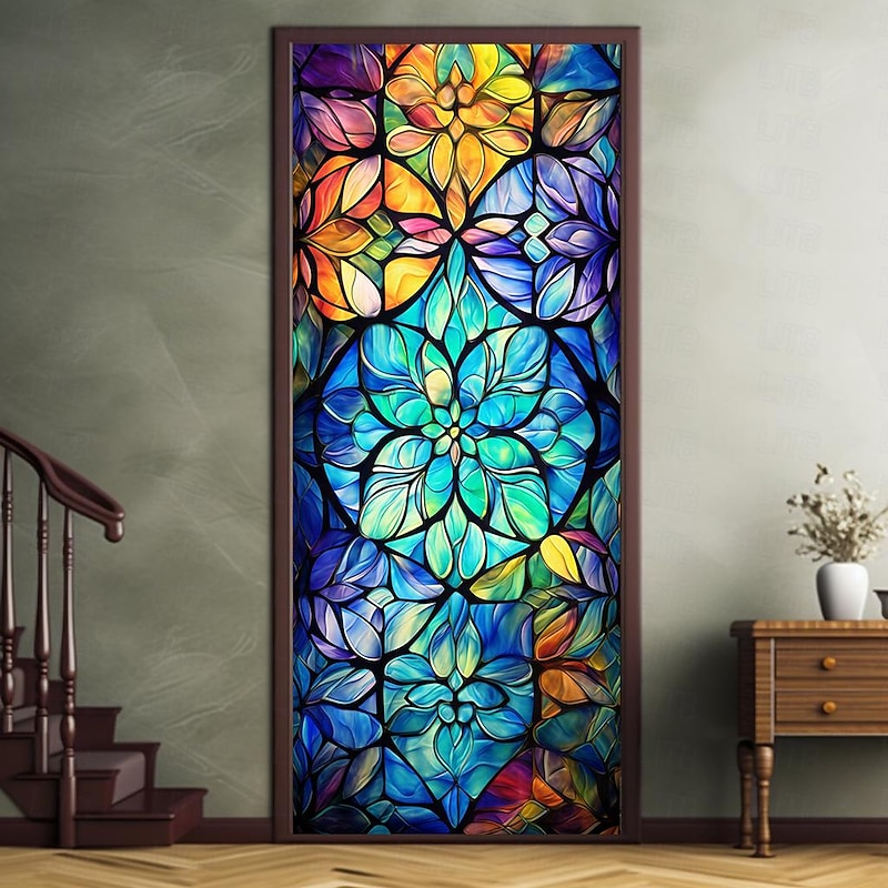 Stained Glass Lucky Clover Door Covers Mural Decor Door Tapestry Door Curtain Decoration Backdrop Door Banner Removable for Front Door Indoor Outdoor Home Room Decoration Farmhouse Decor Supplies2