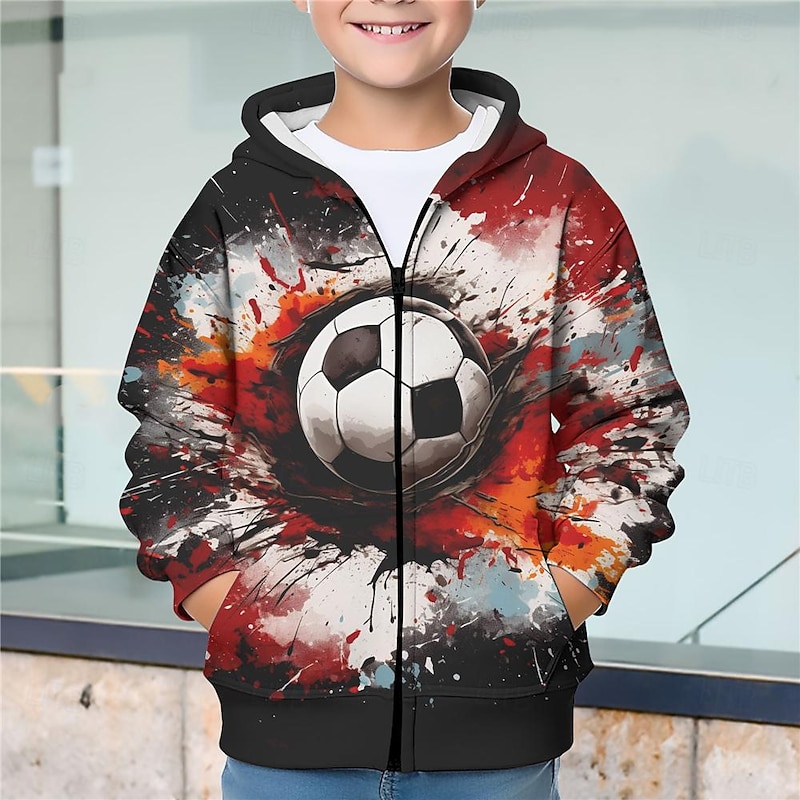 Boys 3D Football Hoodie Coat Outerwear Long Sleeve Fall Winter Active Streetwear Cool Kids 3-12 Years Zip Street Daily Regular Fit3
