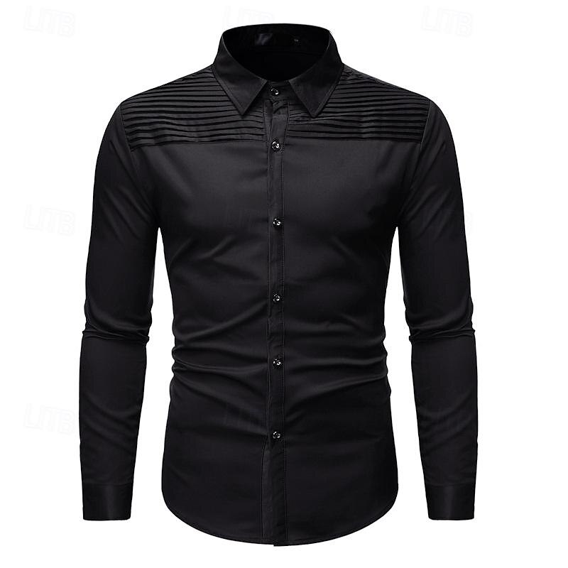 Men's Shirt Dress Shirt Button Up Shirt Plain Wedding Party Black White Long Sleeve Lapel Spring &  Fall Clothing Apparel Pleats3