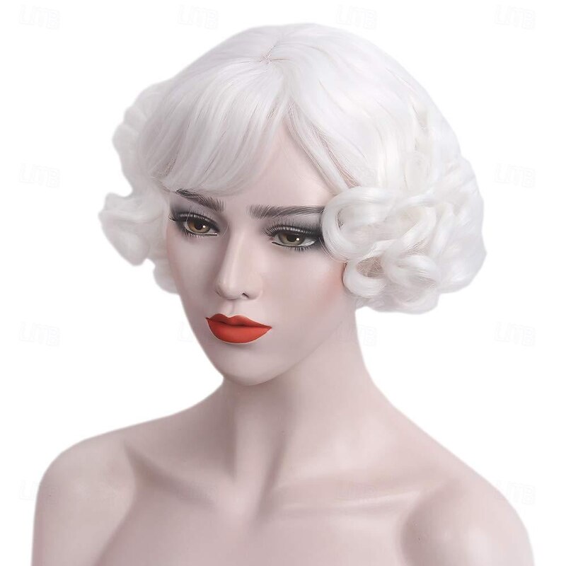 Short Curly White Women Wig with Bangs Heat Resistant Synthetic Hair Water Wave Womens Wigs for Old Lady Cosplay Daily 20s Costume Anime Carnival Halloween Wigs4