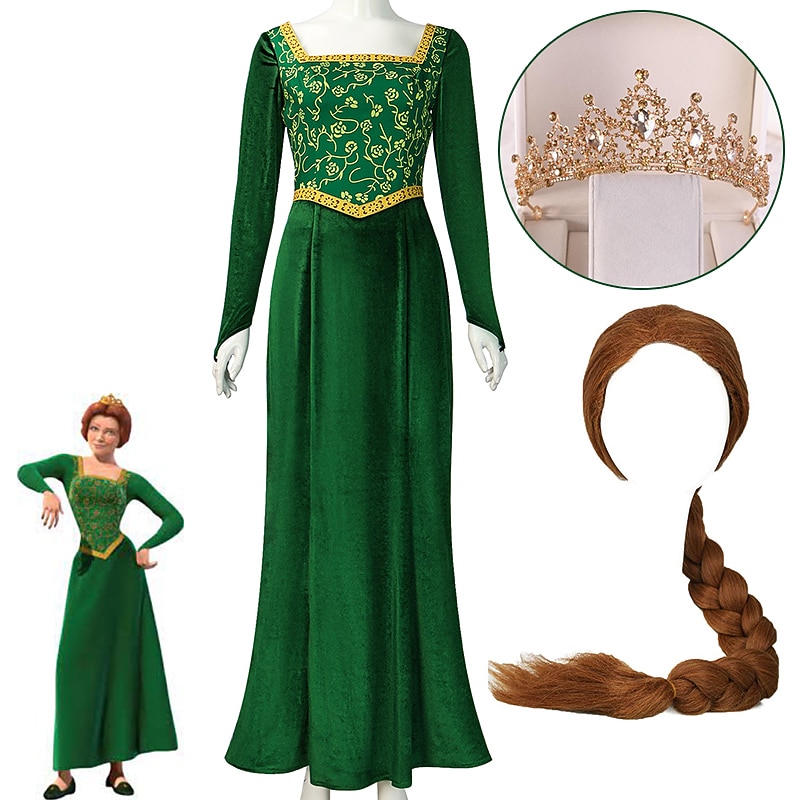 Fiona Costume Women Princess Fiona Dress Shrek Medieval Renaissance Dress Long Sleeves Green Dress Gown Dress Halloween Cosplay Party Outfit With Costume Wigs