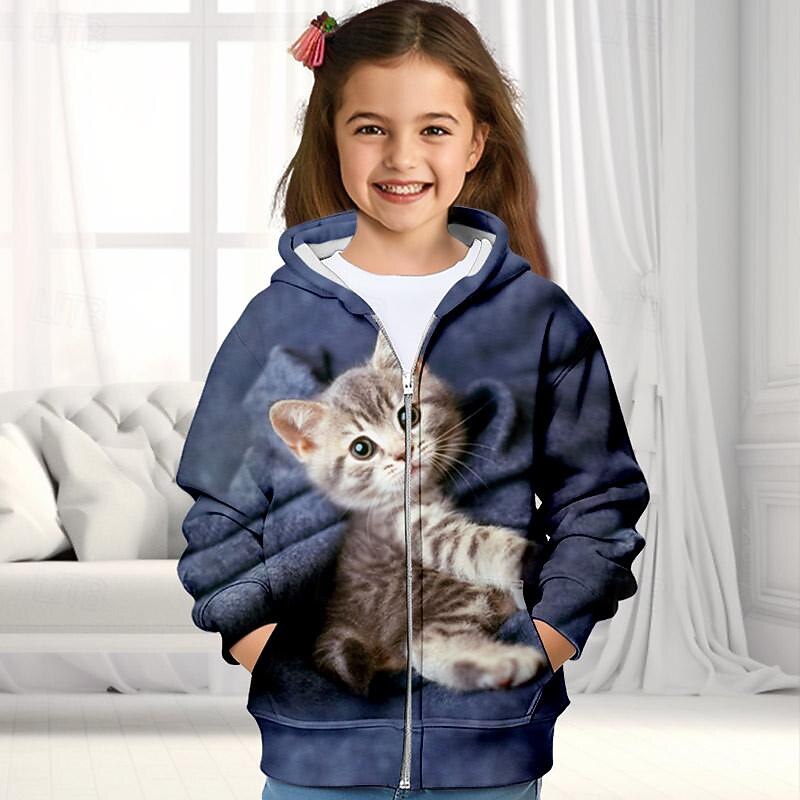 Girls' 3D Cat Hoodie Coat Outerwear Pink Long Sleeve Fall Winter Active Cute Streetwear Kids 3-12 Years Zip Street Daily Regular Fit