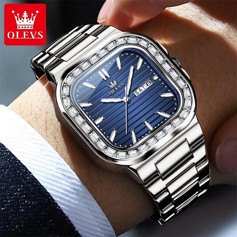 OLEVS Mens Tank Watch Minimalist Diamond Watch Fashion Dress Analog Quartz Mens Watches Rectangular Waterproof Stainless Steel Luminous with Date Watches for Men3