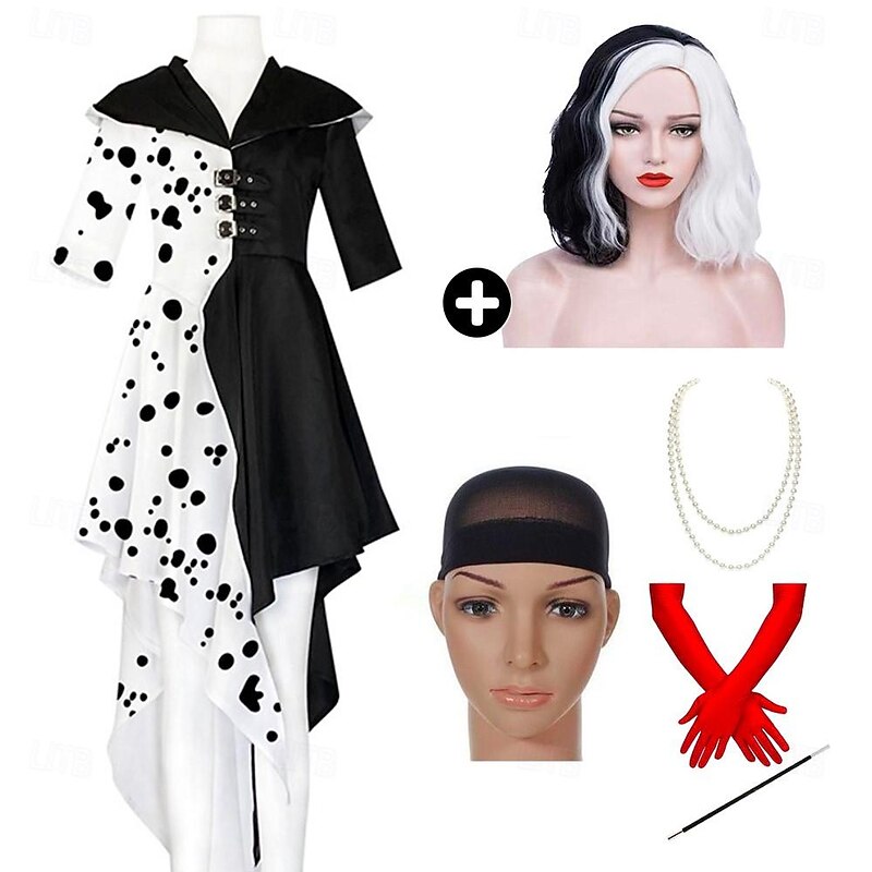 One Hundred and One Dalmatians Cruella De Vil Cosplay Costume Necklace Outfits Christmas Vintage Fashion Movie Cosplay for Women's Teen Adults' Carnival Masquerade