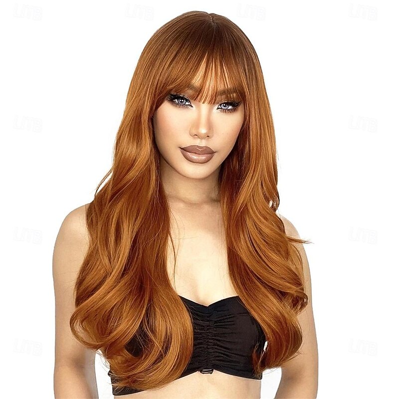 Auburn Wig with Bangs Natural Hair Wigs for Women Long Layered Wig for Girls Dark Roots Copper Red Ombre Wig Heat Resistant Orange Ginger Synthetic Wig Daily Use Redhead Wig 26 Inch2
