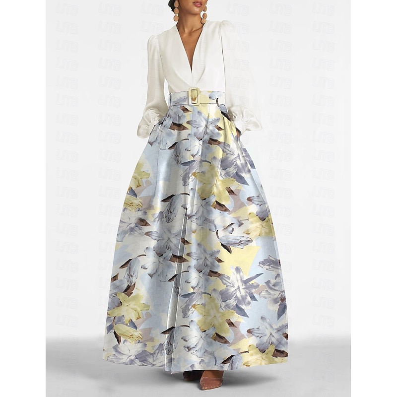 Beach Wedding A-Line Evening Gown Elegant Dress Formal Wedding Guest Floor Length Long Sleeve V Neck Belt / Sash Satin with Slit Wedding Guest Dress