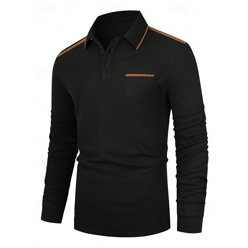 Men's Polo Shirt Button Up Polos Casual Sports Lapel Long Sleeve Fashion Basic Color Block Patchwork Button Spring &  Fall Regular Fit Black Polo Shirt3