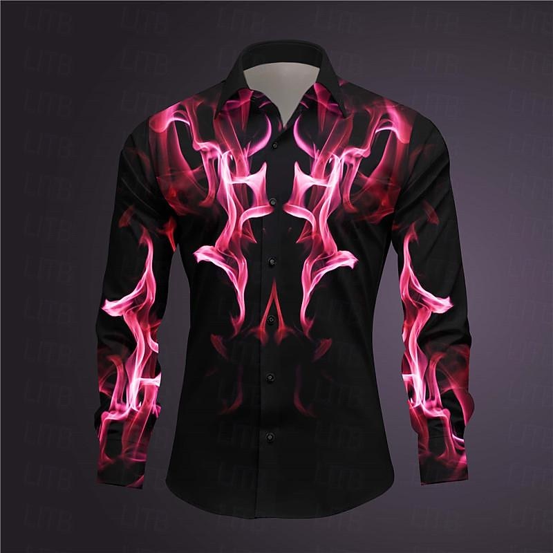Men's Geometric Pattern Fire Shirt Button Up Shirt Long Sleeve Abstract Subcultural Daily Wear Going out Spring Turndown Print Button-Down Dark Red Yellow Pink Royal Blue Blue2