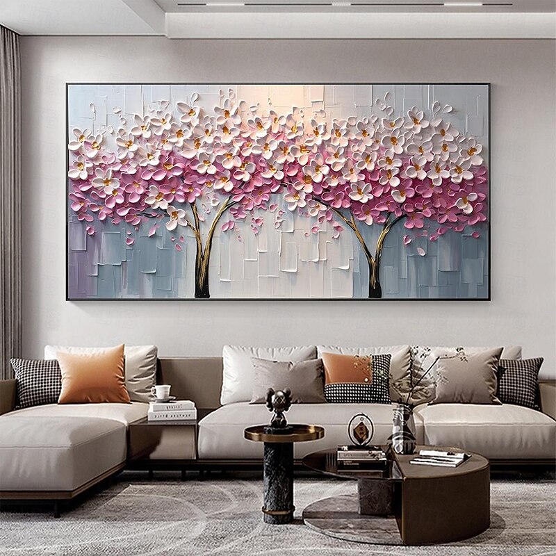 Hand painted Abstract Cherry Blossom Oil Painting on Canvas handmade  Pink Flower Painting for Living room Home Decor Large Custom Textured painting Wall Art Decor