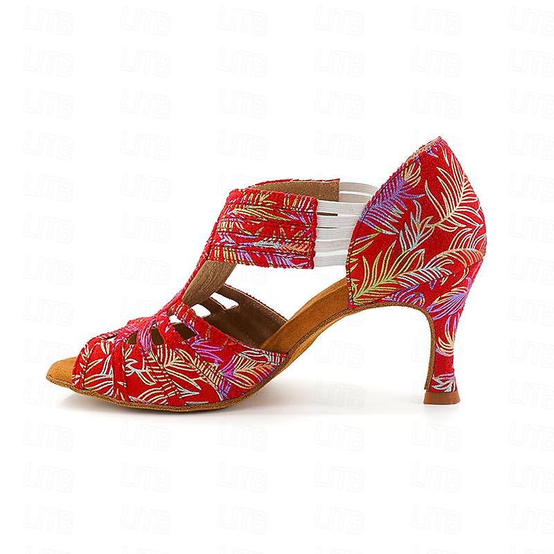 Women's Colorful Beaded Latin Dance Shoes, Floral Print High - Heel Salsa Sandals for Competition Performance4