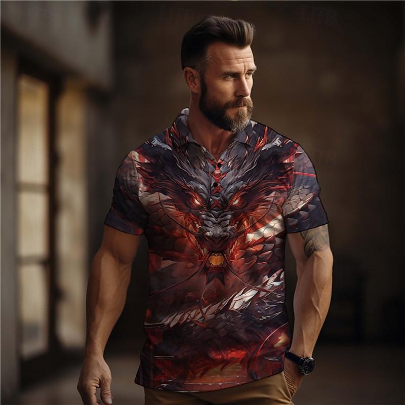 Men's Dragon Golf Shirt Short Sleeve Polo Shirts Collared Shirts Casual Funny Vacation Wear Party Outfits Buttons 3D Print Summer Yellow Wine Red