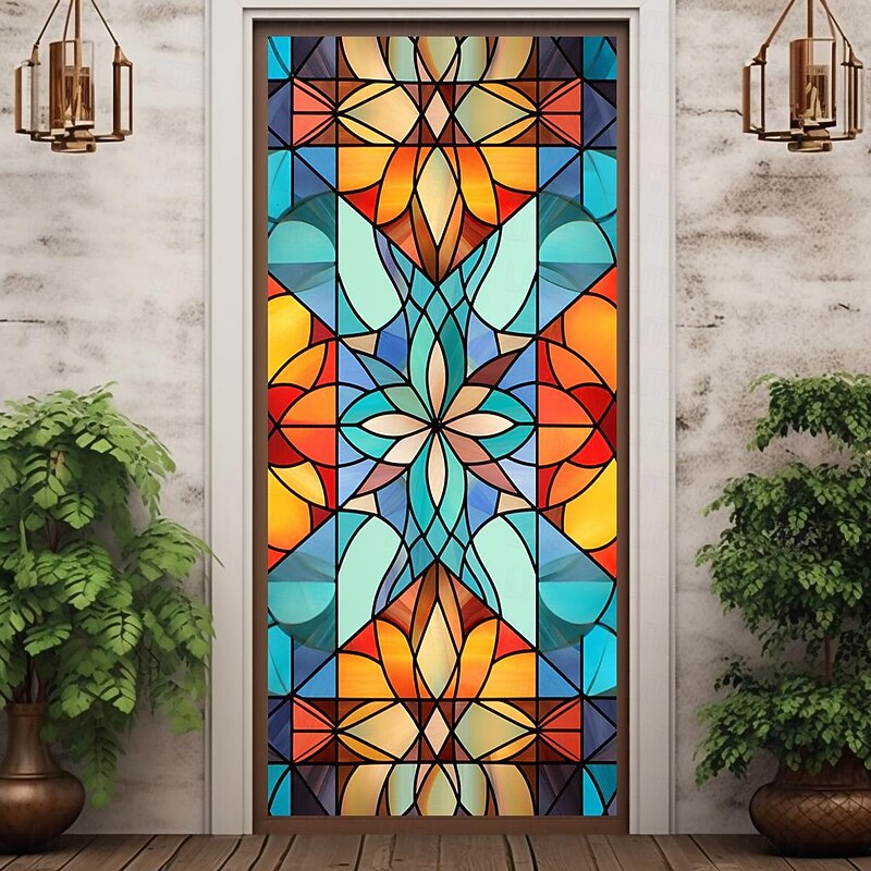 Stained Glass Stars Door Covers Mural Decor Door Tapestry Door Curtain Decoration Backdrop Door Banner Removable for Front Door Indoor Outdoor Home Room Decoration Farmhouse Decor Supplies
