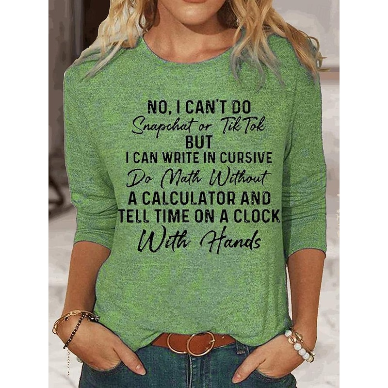 Women's T shirt Long Sleeve Letter Behavior Fashion Long Sleeve Crew Neck Regular Tops Daily Print Black Pink Blue Green Khaki Spring & Fall Spring, Fall, Winter,  Prefall4