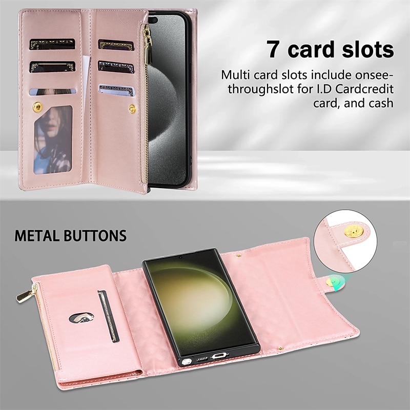 Phone Case For Samsung Galaxy S25 S24 S23 S23 FE S22 S21 Ultra Plus A14 A34 A54 A24 Wallet Case Zipper Full Body Protective with Lanyard Retro Geometric Pattern TPU PU Leather4