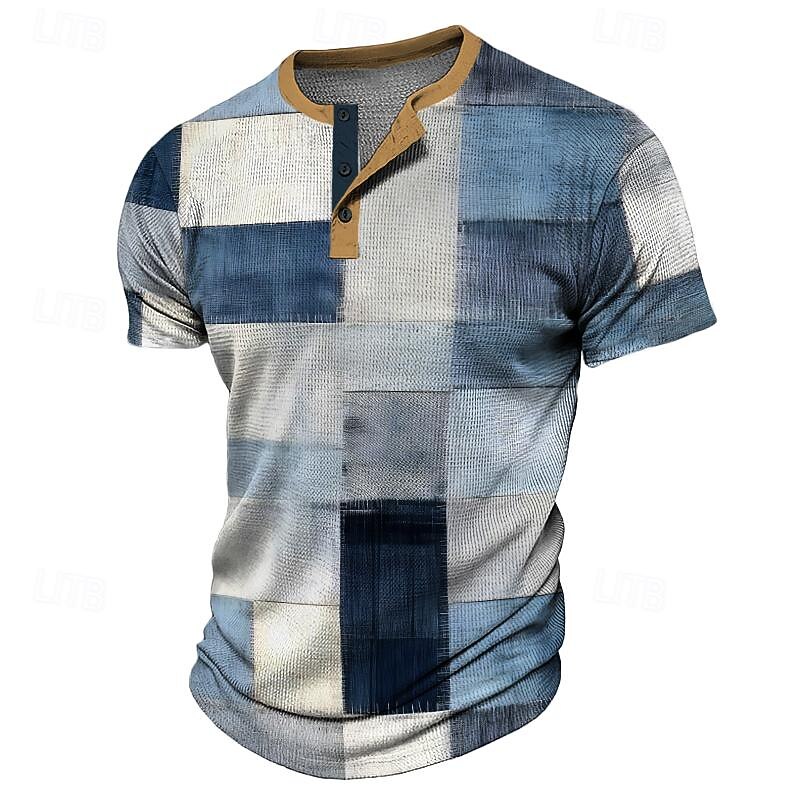 Plaid Faux Patchwork Pattern Men's Fashion Casual 3D Print Waffle Henley T Shirt Tee Sports Outdoor Casual Daily T shirt Blue Brown Green Gray Short Sleeve Henley Shirt Spring & Summer Clothing