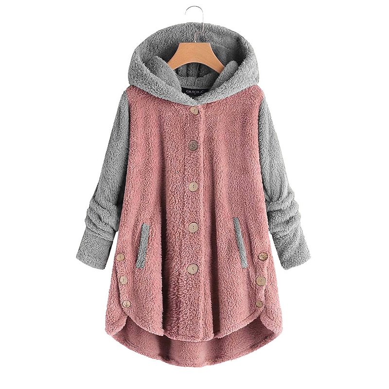 Women's Color Block Warm Teddy Fuzzy Long Sleeve Hoodie Long Tops Street Casual Buttons Pocket Black Pink Wine Blue Green Fall & Winter2