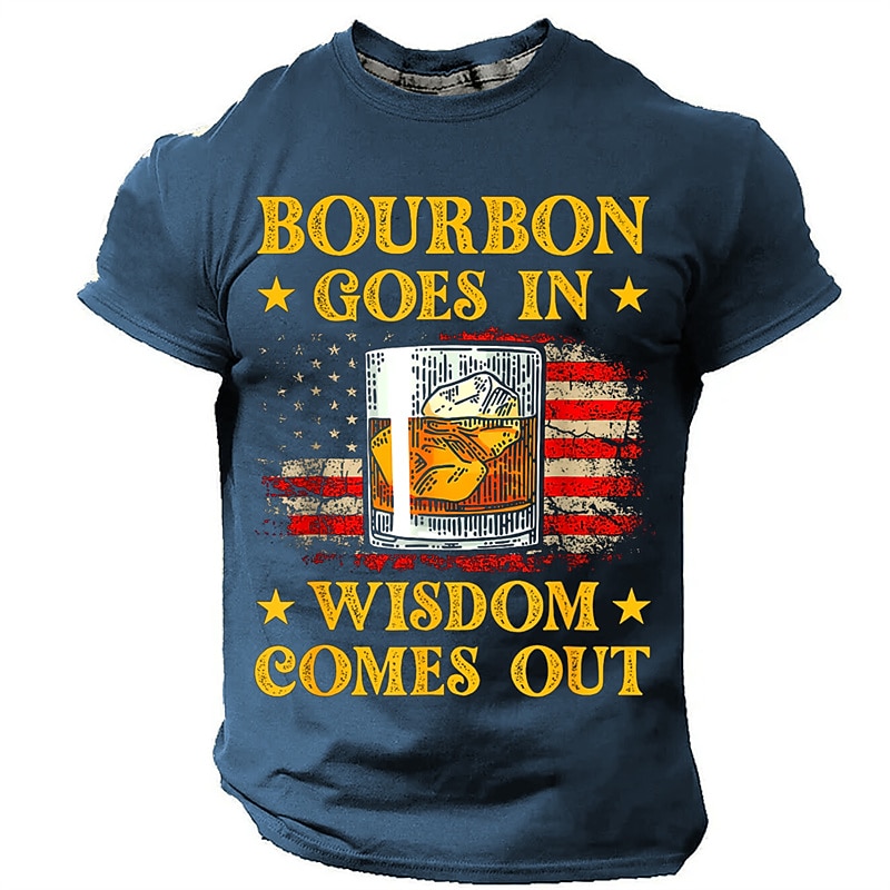 Men's Funny Bourbon Graphic T-Shirt - 'Bourbon Goes In Wisdom Comes Out' Patriotic American Flag Tee4